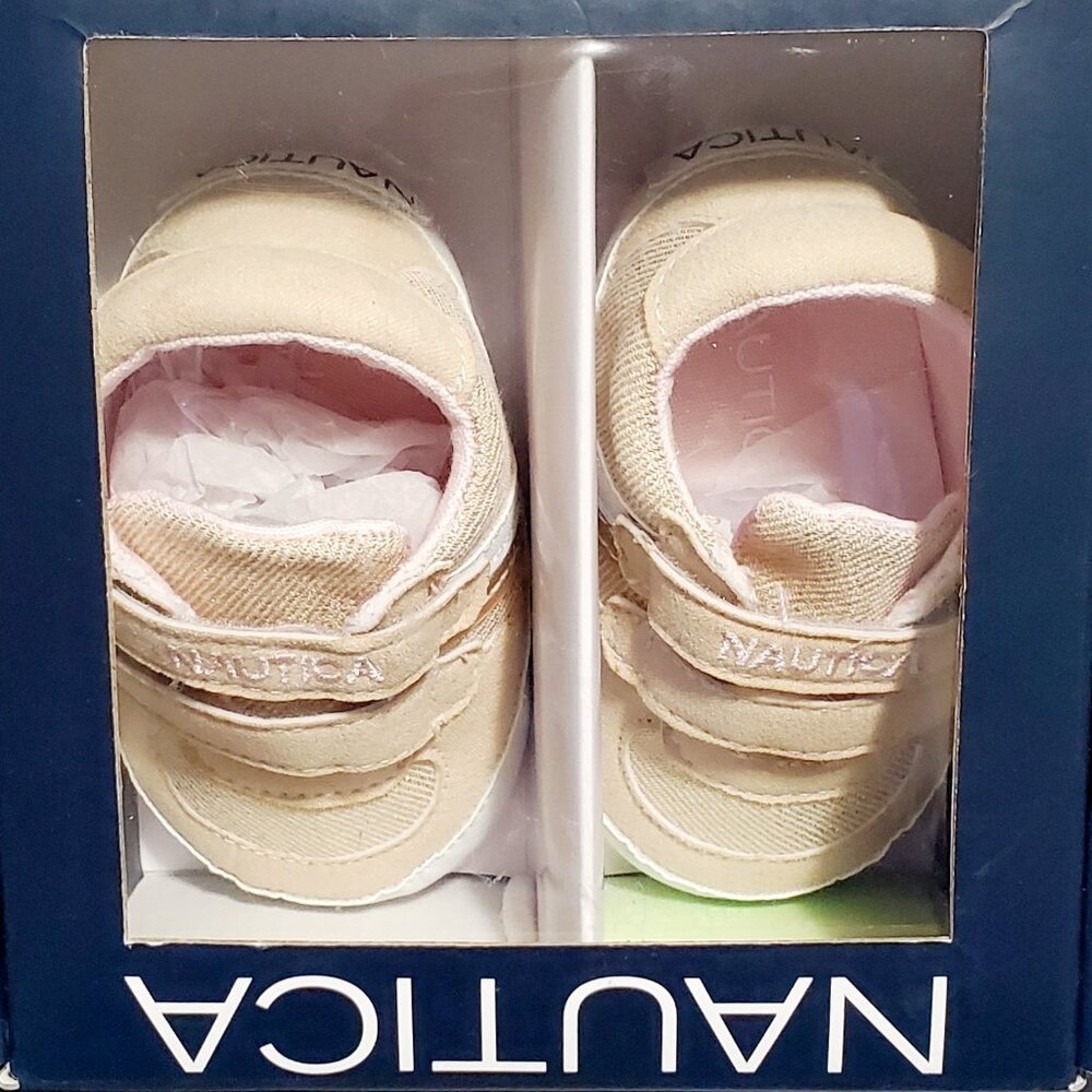 (SOLD OB FB) NAUTICA Baby Girl Pre-walker,Crib Sneakers "Tiny Hull" Camel & Gold - Picture 4 of 7